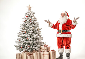 Fototapeta premium Santa Claus carries a large green gift box with a red ribbon on a white background