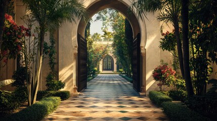 Obraz premium Serene and Lush Garden Pathway Framed by Elegant Arches, Showcasing Vibrant Flora, Sunlight, and Peaceful Atmosphere in an Exquisite Outdoor Setting