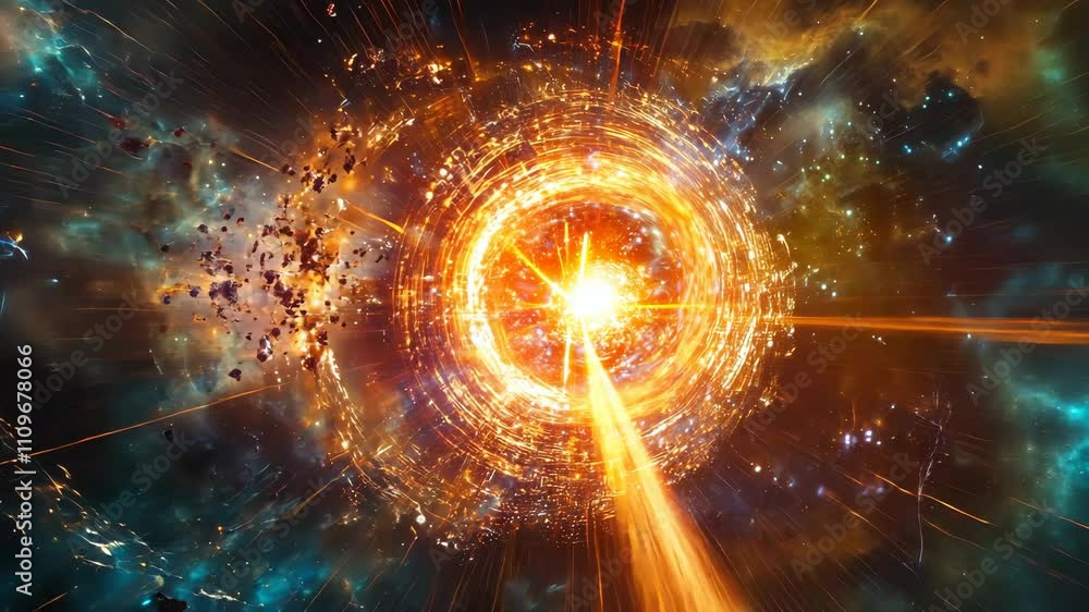 Poster exploring the stunning cosmic explosion with vibrant colors and swirling energy in deep space