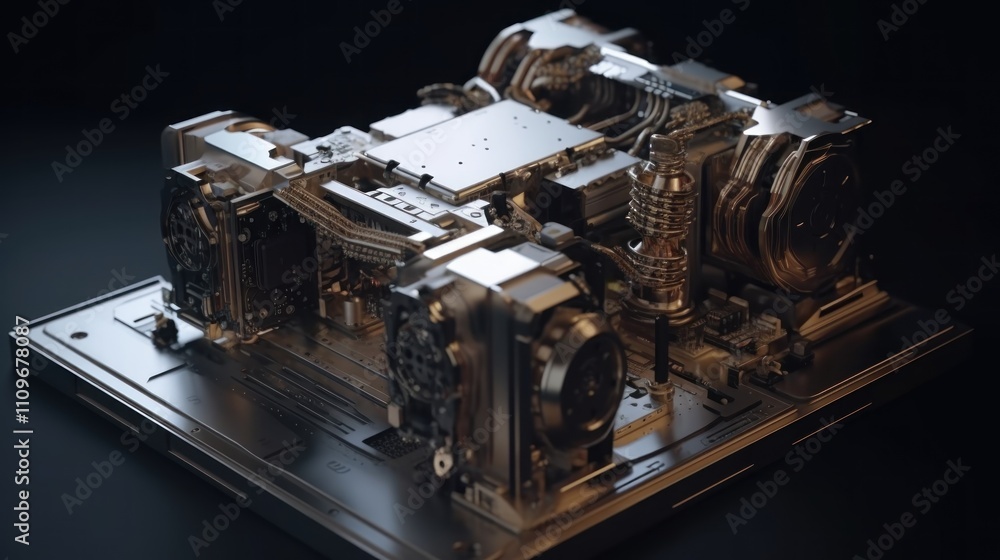 Poster futuristic metallic machine: a 3d render of intricate mechanical components