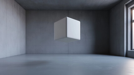 3D render of a floating white cube in the center of a clean space