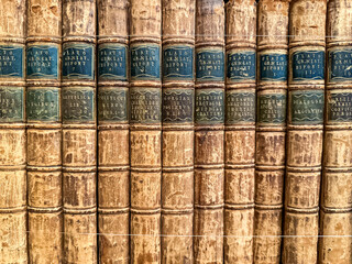 Antique Books on a wooden shelf. Old vintage books on wooden shelf. Tiled Bookshelf background....