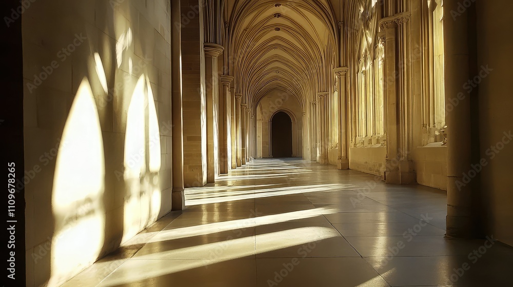 Poster serene architectural hallway with intricate arches and soft lighting creating a calm and inviting at