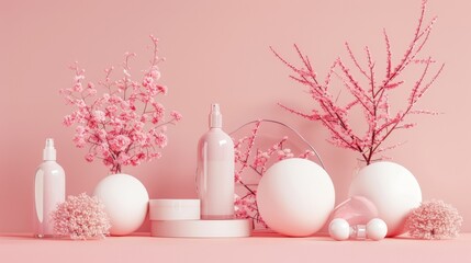 Pink-themed floral decor with minimalistic beauty products