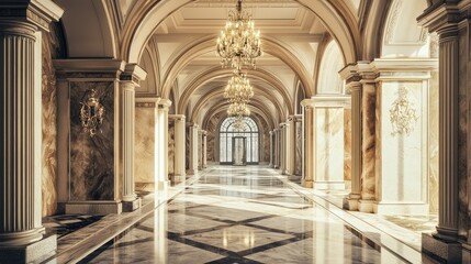Elegant and Luxurious Hallway with Marble Floor and Grand Chandeliers in an Opulent Architectural Space Under Natural Light