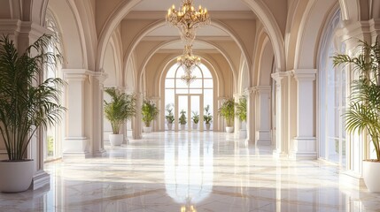 Elegant and Spacious Hallway with Arched Architecture and Decorative Chandeliers, Bathed in Natural Light and Fragrant Green Plants in Contemporary Design