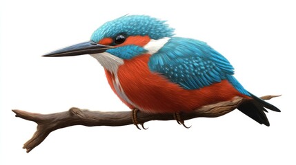 Vibrant Kingfisher Perched on a Branch with Stunning Blue and Orange Plumage Against a Pure White Background for Nature and Wildlife Lovers