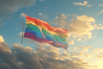 Rainbow flag  a symbol for the LGBT community  waving in the wind with a cloudy background