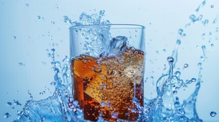 Refreshing iced drink splashing in a glass with water drops