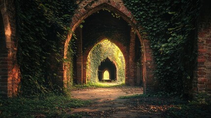 Obraz premium Enchanted Pathway Through Ivy-Covered Brick Arches Leading to Illuminated Portal in Abandoned Historical Site Surrounded by Lush Greenery and Nature's Embrace