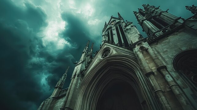 Dramatic Gothic Architecture Against Stormy Sky with Dark Clouds Over Victorian Cathedral Creating an Ethereal and Mysterious Atmosphere