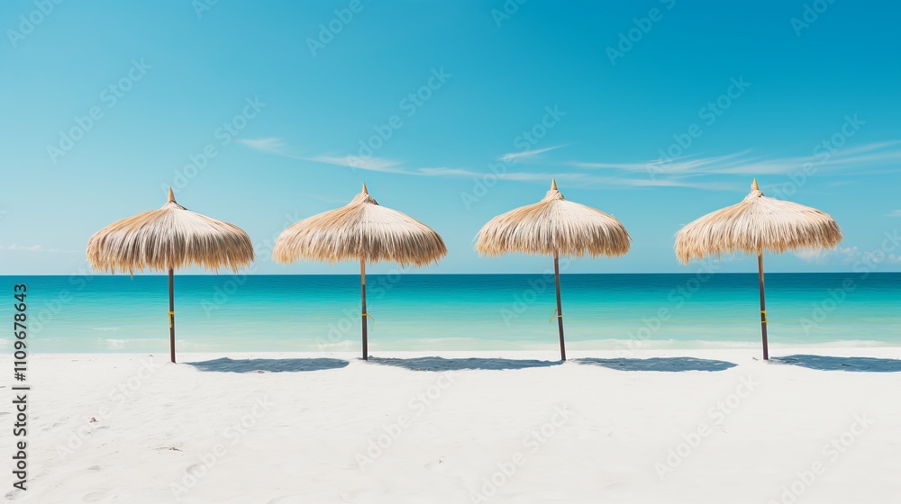 Poster relaxing beach scene with tropical umbrellas on a sunny day by the ocean. generative ai