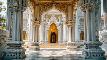 Obraz premium Stunning Architectural Details of an Ornate Temple Entrance Featuring Intricate Carvings, Golden Accents, and a Serene Courtyard in Natural Light