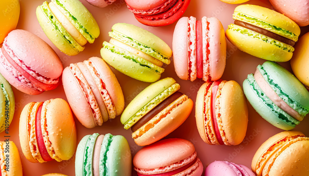 Poster close up of a variety of colorful macarons. the macarons are arranged in a way that they look like a