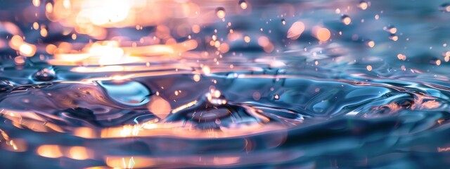 Water splashes with bokeh light reflections at sunset