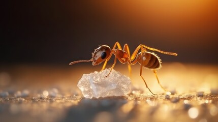 Fototapeta premium Ant's Golden Sunset Feast: A Macro Photography Masterpiece