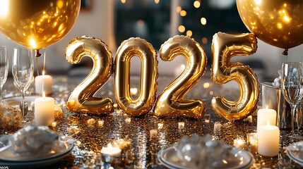 Festive 2025 New Year s Eve Celebration Table Setting with Gold Balloons