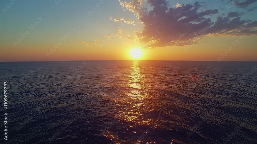 Poster serene sunset over calm ocean waters with reflection of golden light creating a tranquil view for na