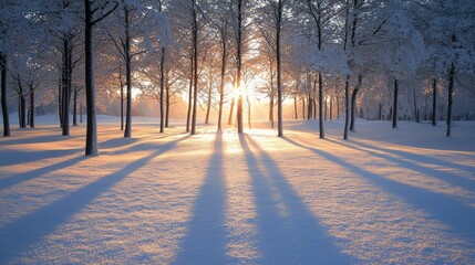 Serene Winter Landscape with Sunlight Filtering Through Frosted Trees in a Snow-Covered Forest During Early Morning Glow