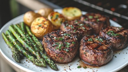 A delicious plate of grilled steaks with asparagus and roasted potatoes.
