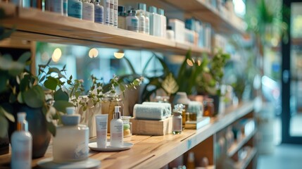 Shelf of luxury skincare products in a boutique
