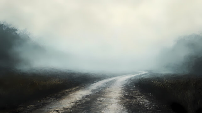 Empty road with a faint fog settling in, obscuring the path ahead, foggy path, uncertain journey. Obscure. Illustration