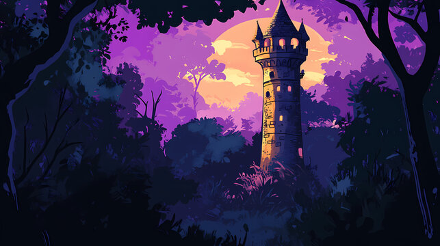 Enchanted rapunzel tower hidden deep in the forest , fantasy, fairytale, princess, castle, tower, magical, woods, forest. Obscure. Illustration