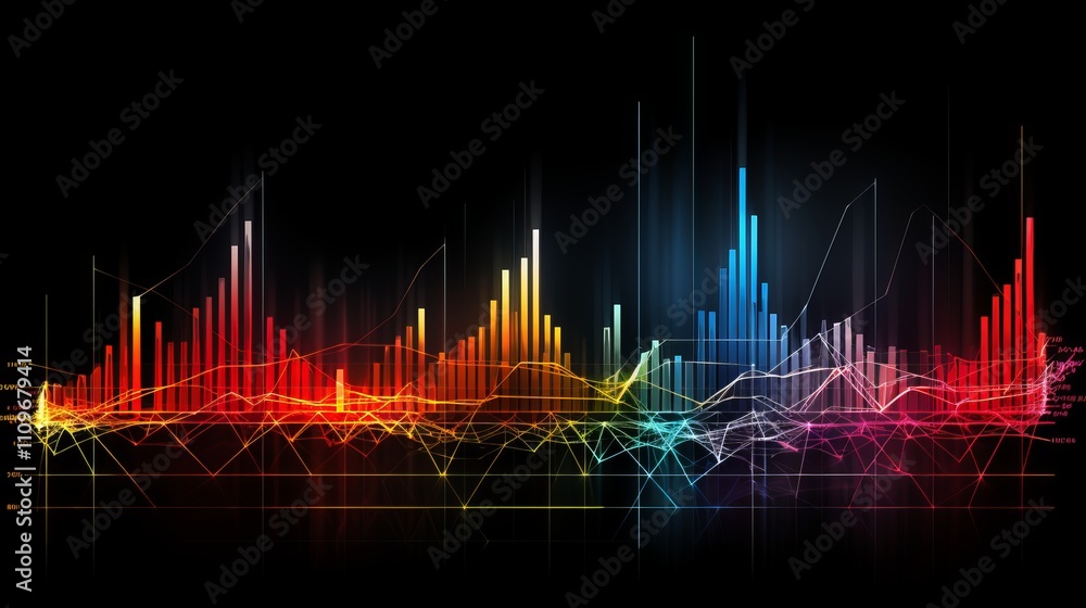 Poster vibrant abstract sound waves illustrating data interpretation dynamics. generative ai