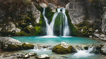 Naklejka premium Crystal-clear waterfall surrounded by mossy rocks.