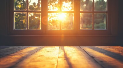 Fototapeta premium Warm Sunlight Streaming Through Vintage Window Illuminating Wooden Floor in Calm Nature Setting for Serene Morning Ambiance