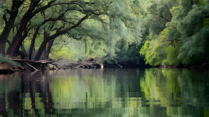 Obraz premium Calm river with reflections of overhanging trees.
