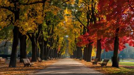 Autumn park with golden and red foliage.