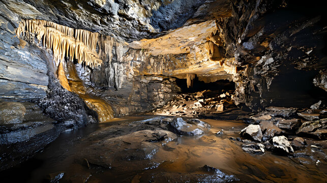Explore the ancient aillwee cave in ireland's burren region on july where bear bones, stalactites, stalagmites, and a hidden waterfall await discovery. Obscure. Illustration
