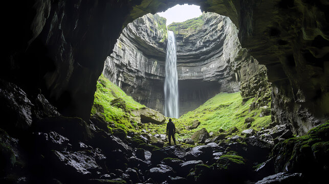 Explore the ancient aillwee cave in ireland's burren region on july where bear bones, stalactites, stalagmites, and a hidden waterfall await discovery. Obscure. Illustration