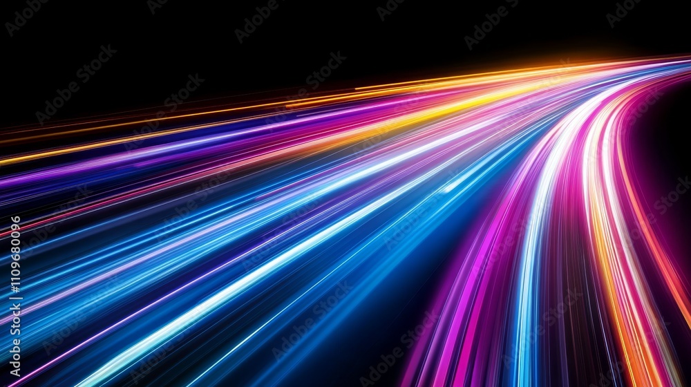 Poster vibrant and colorful light trails generate a stunning dynamic motion blur effect, set against a stri
