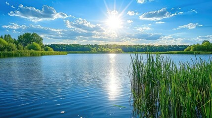 Serene Landscape of a Tranquil Lake Surrounded by Lush Greenery and a Bright Sky Filled with Fluffy Clouds Reflecting in the Water Under a Glorious Sunlight