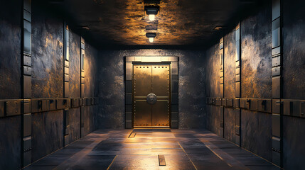 Fototapeta premium Futuristic secret bunker: high detail underground passage with reinforced steel doors. Obscure. Illustration
