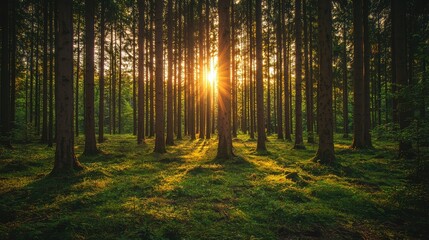 Fototapeta premium Serene Forest Landscape at Sunrise Illuminated by Soft Sunlight, Tall Trees Casting Shadows on the Lush Green Ground in a Peaceful Natural Setting