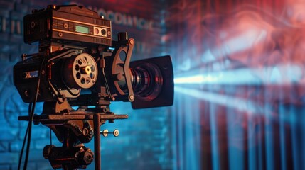 Vintage film projector with colorful cinematic lighting