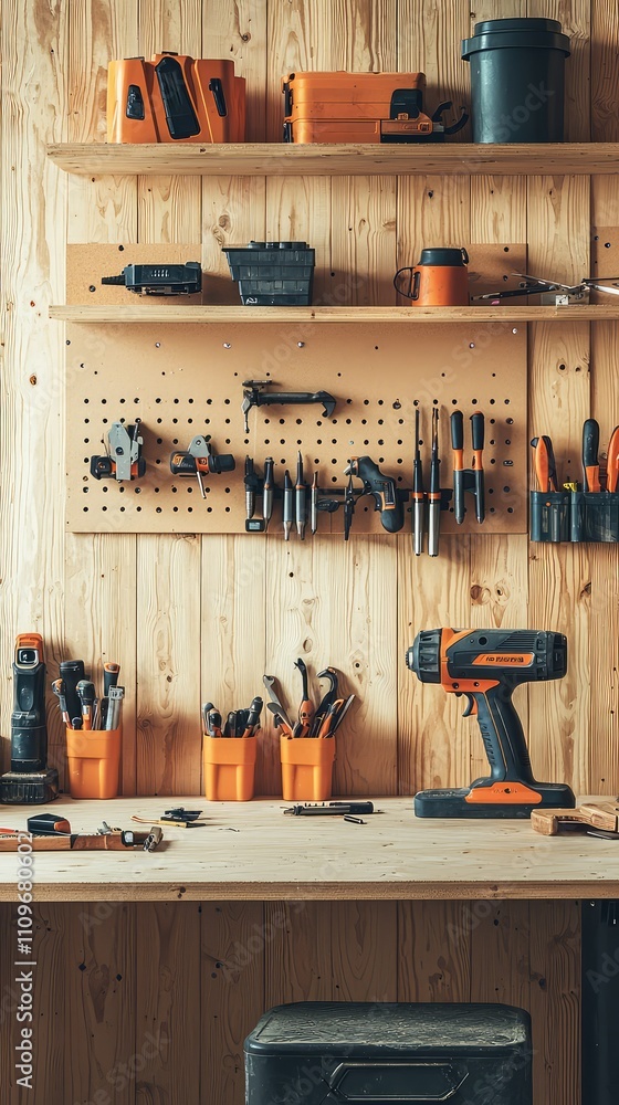 Poster organized workshop displaying various hand tools and power tools on shelves with wood paneling and a