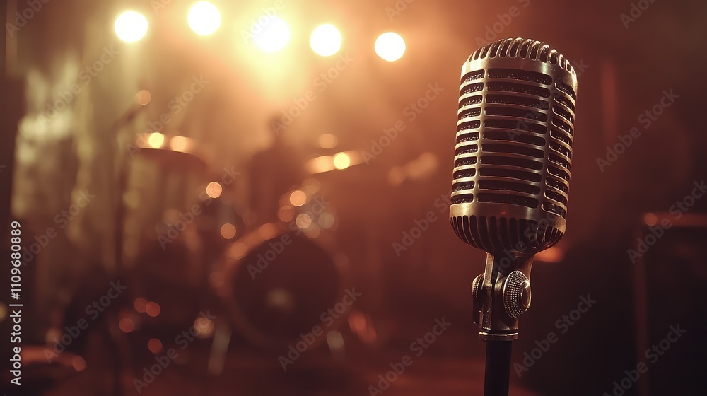 Poster vintage microphone ready for performance in a dimly lit music venue with blurred drummer and stage l