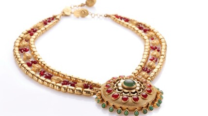 Fototapeta premium Opulent Gold Necklace with Red and Green Gemstones