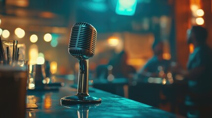 Vintage Microphone on Bar Counter in a Dimly Lit Lounge with Bokeh Lights in the Background, Perfect for Music, Performance, or Nightlife Themes