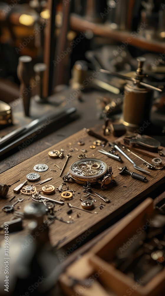 Poster antique clock components on workbench surrounded by vintage tools and gears in a dimly lit workshop 