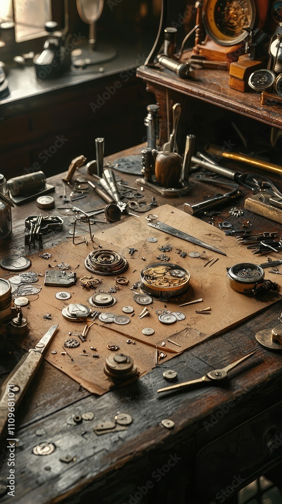 Poster vintage craftsmanship: an intricate display of clockmaking tools, gears, and components on a rustic 
