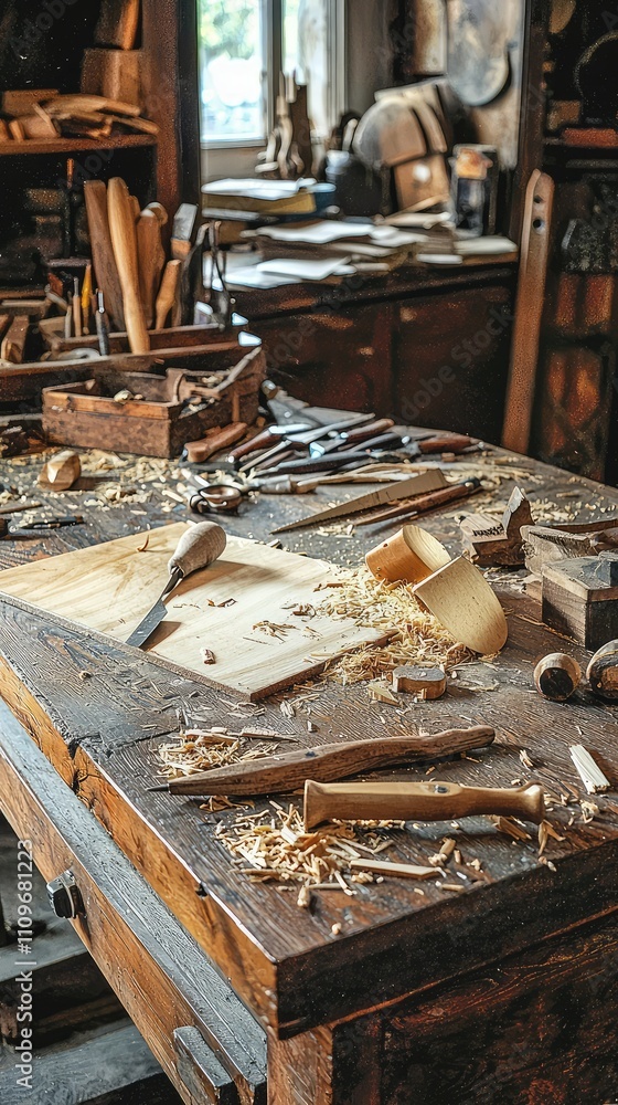 Poster cozy workshop with woodworking tools and shavings on rustic table surrounded by handcrafted items an