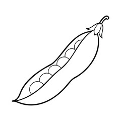 Black and white line art illustration of an open pea pod with peas inside