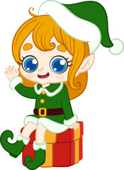 girl elf, Santa's Little Helper Waving on a Gift