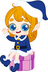 girl elf, Santa's Little Helper Waving on a Gift