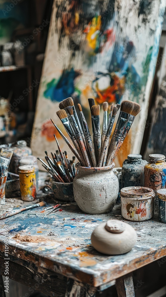 Poster artistic workspace with paint brushes in a pot surrounded by colorful paints and canvases in a creat